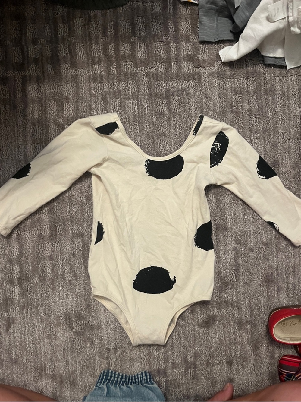 Alice + Ames Cream Long-Sleeve Dance One-Piece with Black Dot Print